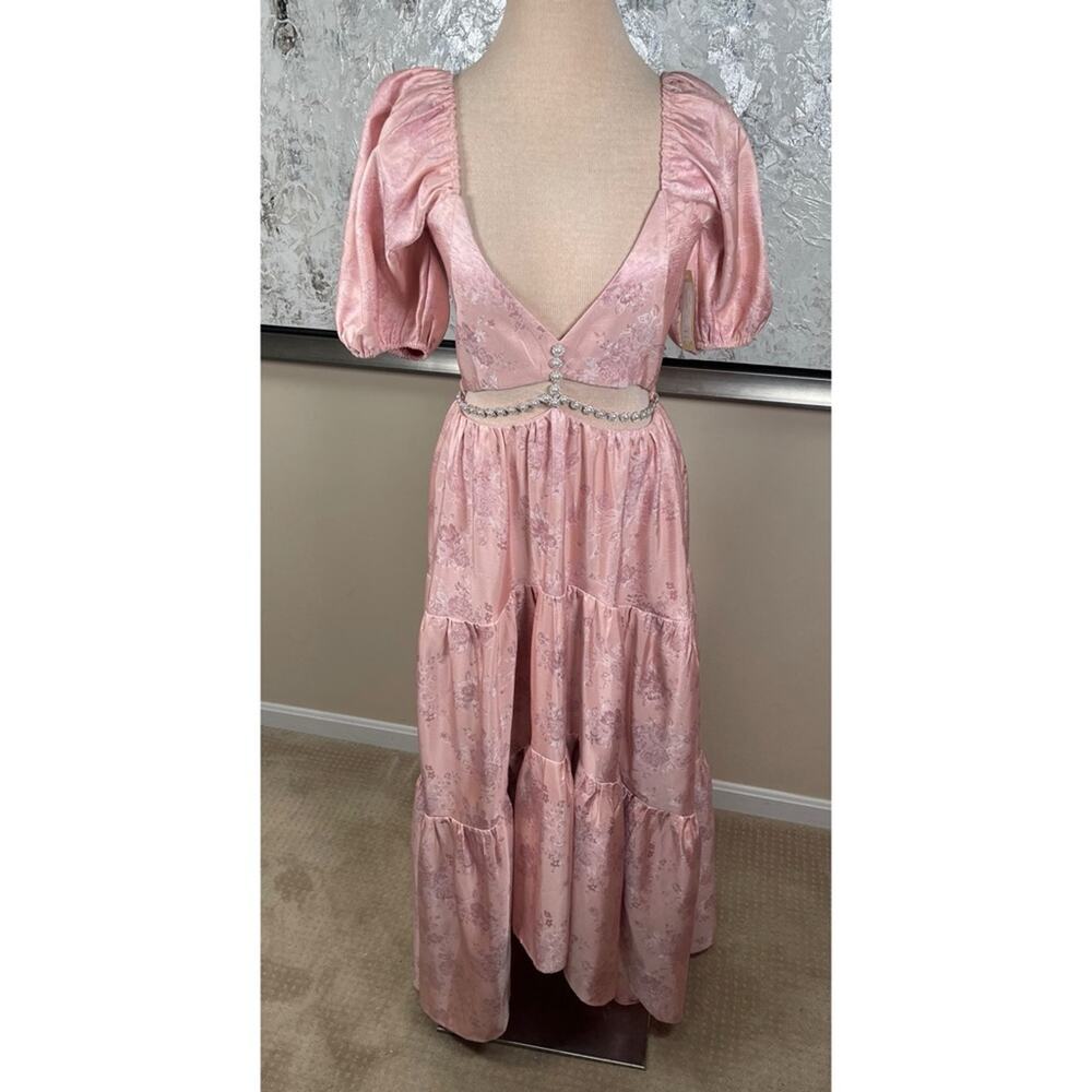 V. CHAPMAN Emma Crystal Embellished Cutout Floral Brocade Pink Maxi Dress Sz 4 - Picture 3 of 10